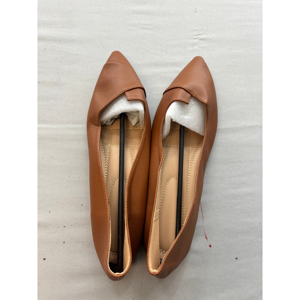 Cognac Brown Pointed Toe Asymmetrical Cutout Flats Pebbled Faux Leather Size 41
